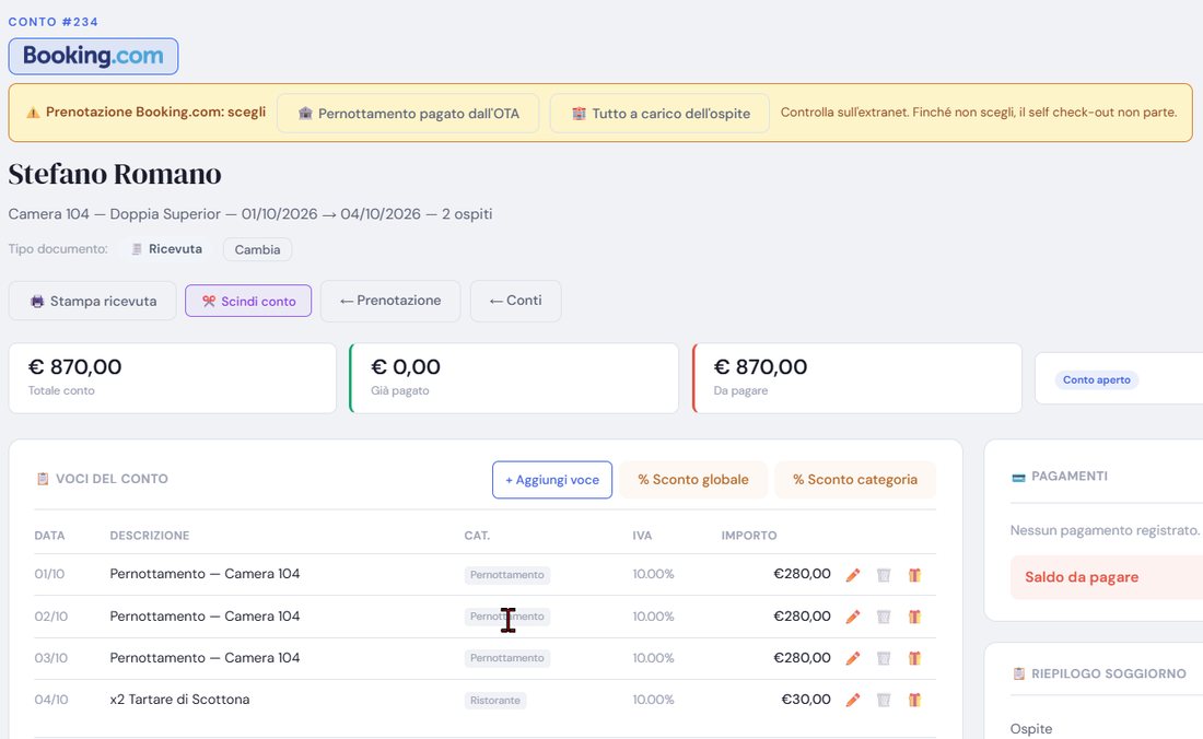 Conto di una prenotazione Booking con la scelta di chi paga il pernottamento